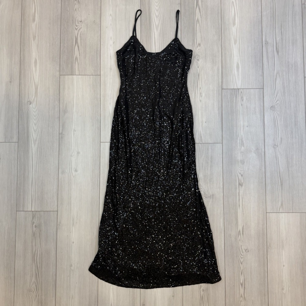Anthropologie Small Black Sequined V-Neck Slip Dress Adjustable Straps - Picture 3 of 15